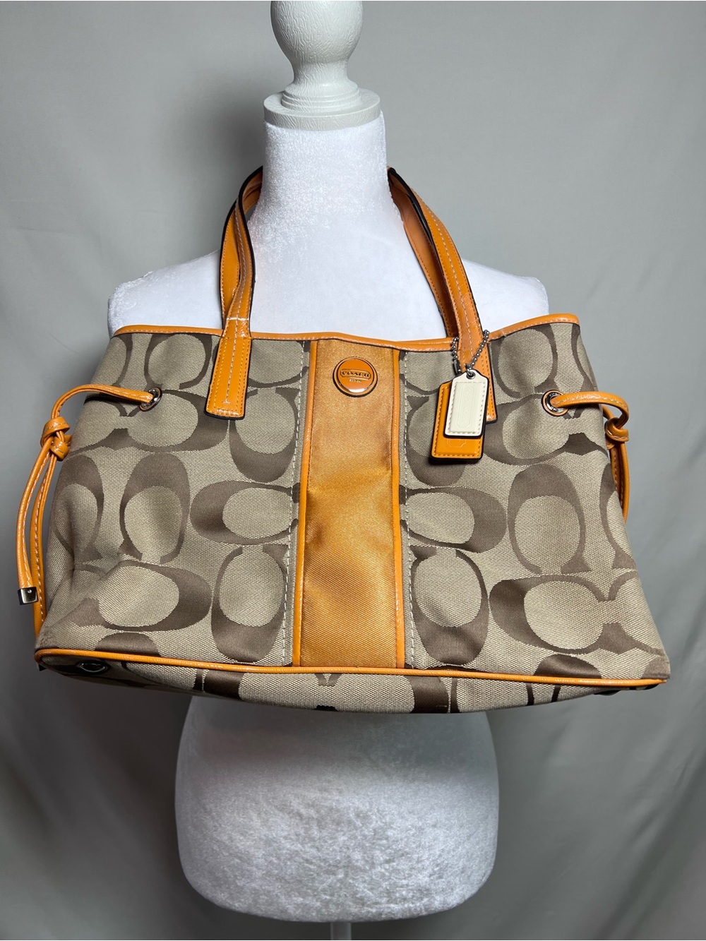 Coach Signature Stripe Carryall Handbag in Orange Spice and Khaki